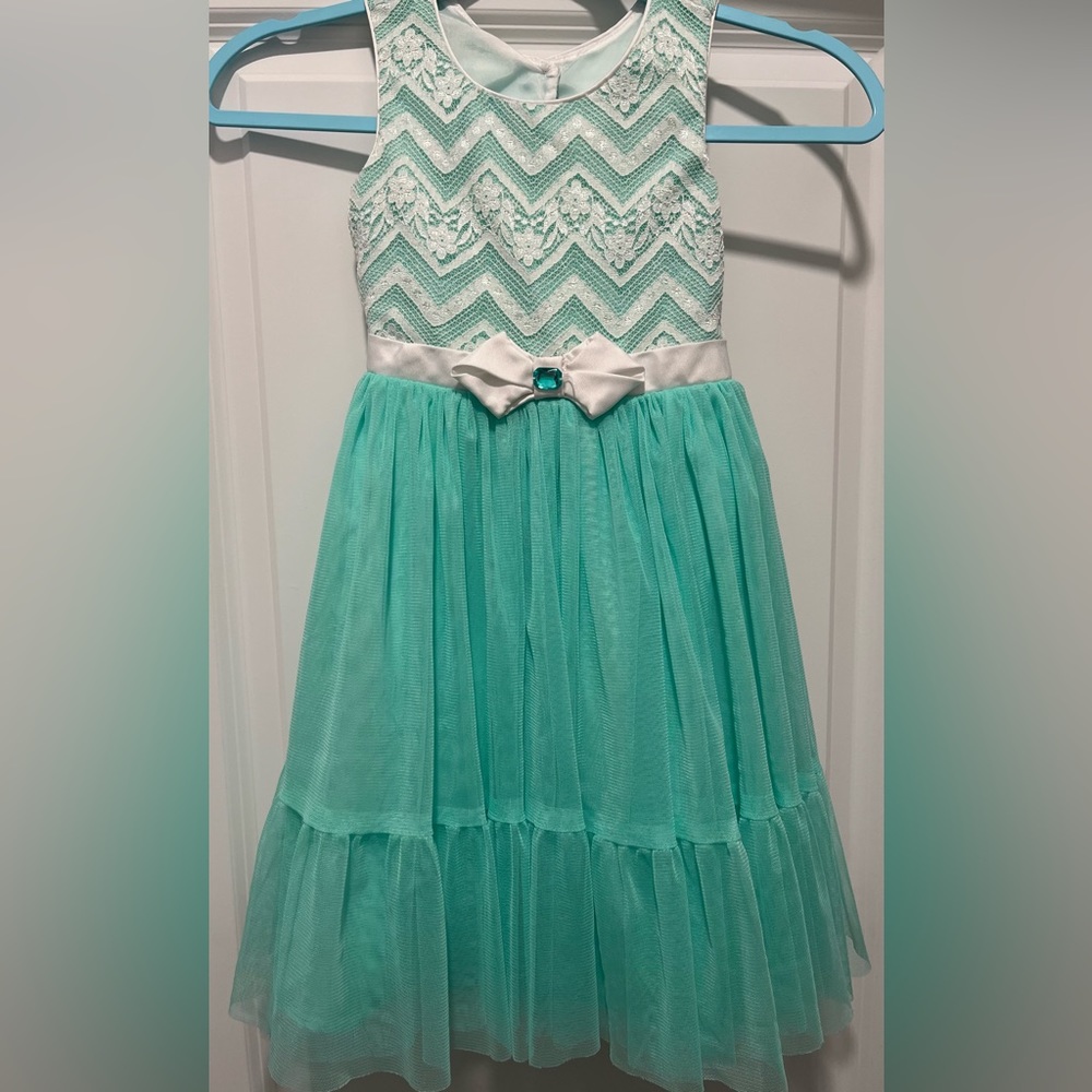 Jona Michelle GIRLS Mint Green White Dress, Size 6, Boutique EUC